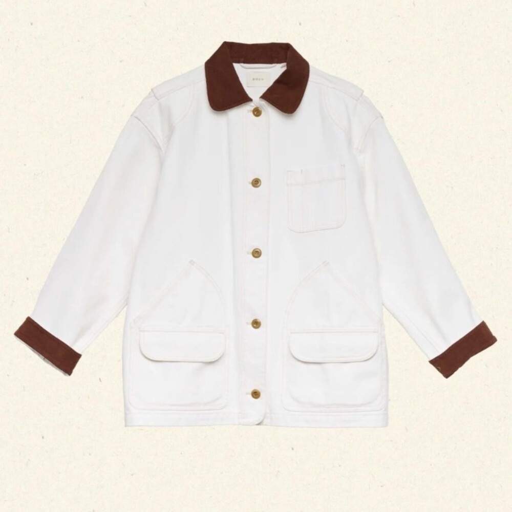 NWT Doen Pascual Cotton Denim Jean Corduroy Collar Button Barn Jacket Salt White - Picture 13 of 14